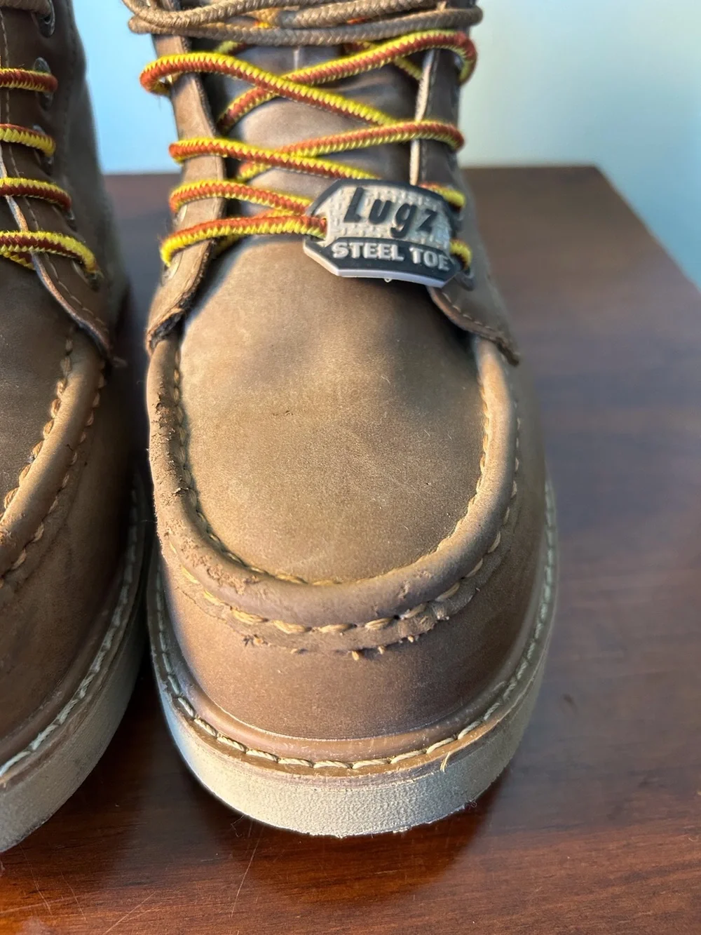Lugz Brown Monterey Steel-Toe Work Boots Cashew Yellow-Trim Laces Sz 7.5W